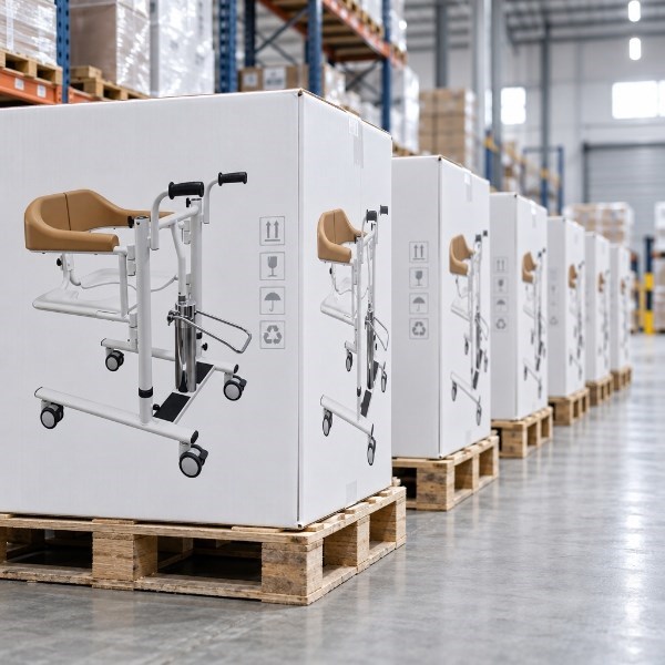Boxed patient lifts on pallets in a medical equipment warehouse