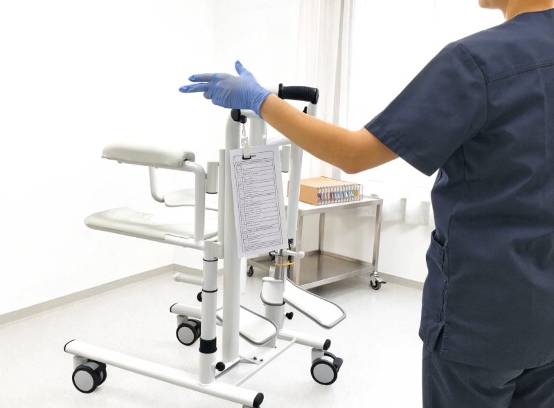 Caregiver in scrubs and nitrite gloves operating a white powder-coated patient lift in a nursing home transfer room, identity cropped at the shoulder, with a laminated SOP checklist clipped to the lift frame