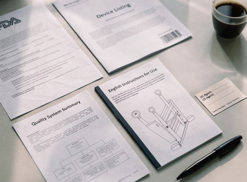 Flat-lay of a patient lift supplier FDA document pack: registration certificate, device listing, English IFU booklet, quality system summary, and US Agent appointment card on a pale grey desk with a pen and coffee cup