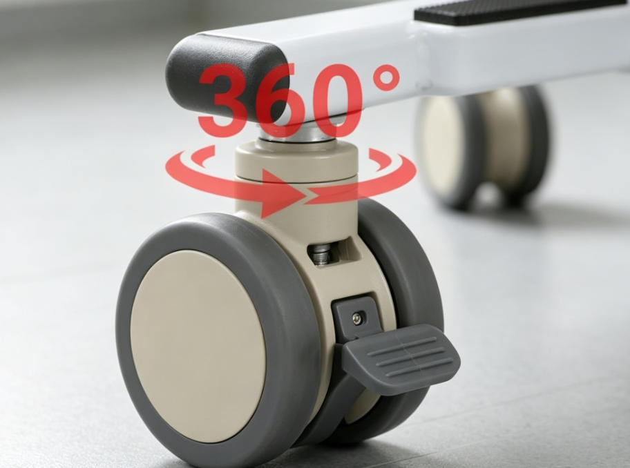 Close-up macro shot of a medical transfer chair caster wheel with dual-lock mechanism, hospital floor background, one caster locked showing both wheel and swivel immobilized