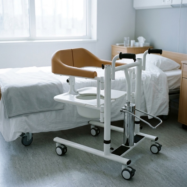 White high-carbon steel patient transfer chair with 150 kg capacity, four casters, padded seat with commode opening, standing beside a hospital bed in a bright nursing home room