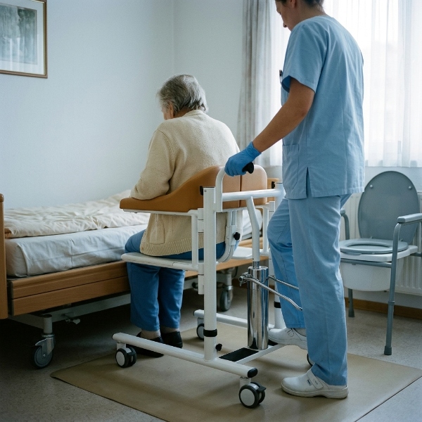 Caregiver in light blue scrubs operating a hydraulic patient transfer chair between a bed and a commode, resident shown only from behind