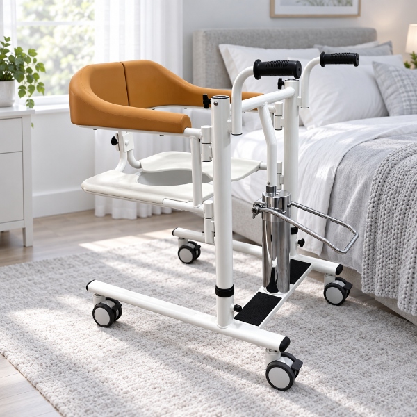 Patient lift in a home care setting, positioned beside a bed