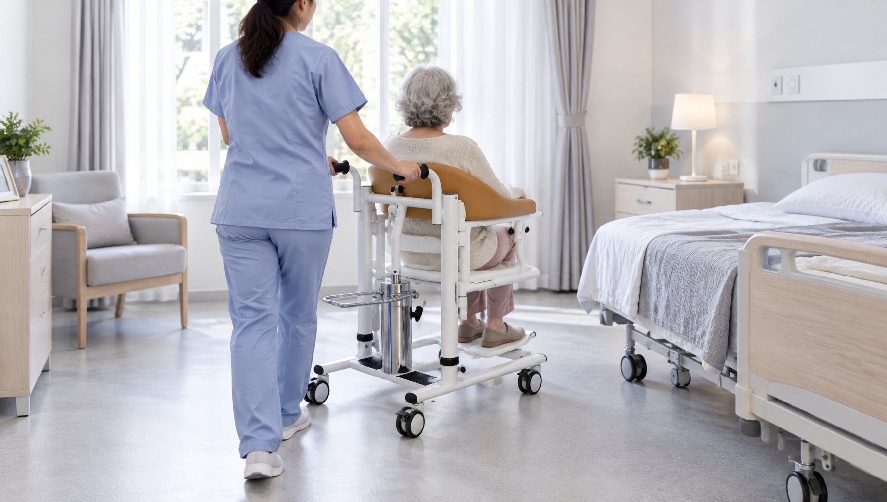 Caregiver transferring a resident with a patient lift in a nursing home