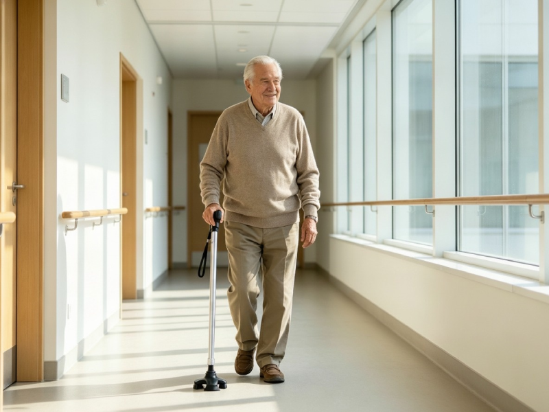 Elderly woman using quad cane in daily walking